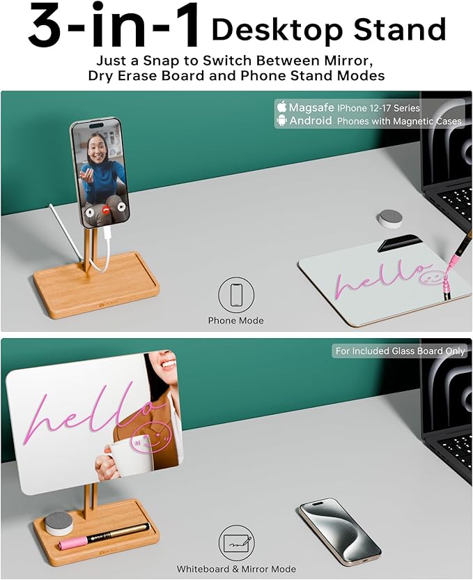 YEOUX Premium Desktop Glass Mirror, Dry Erase Board & Magnetic Phone Stand 3-in-1 | 360° Adjustable | Solid Wood | Compatible with Magsafe, Small Whiteboard for Office Home Desk