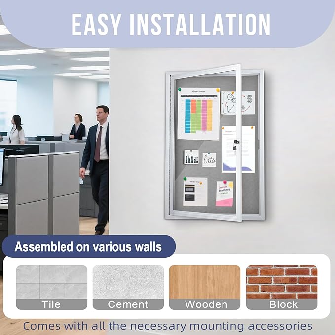 Homezelle Enclosed Bulletin Board 36"x24" Outdoor Weatherproof Cork Noticeboard with Locking Door Wall-Mounted Gray Fabric Silver Aluminium Frame for Home, School, Office, Community, Hospital