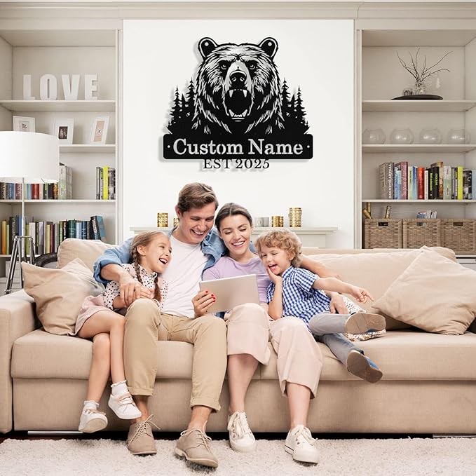 Custom Bear Metal Sign, Custom Bear Metal Wall Art Decor, Personalized Last Name Signs for Home, Rustic Farmhouse Black Wall Decor for Cabin, Bedroom, Living Room, Porch