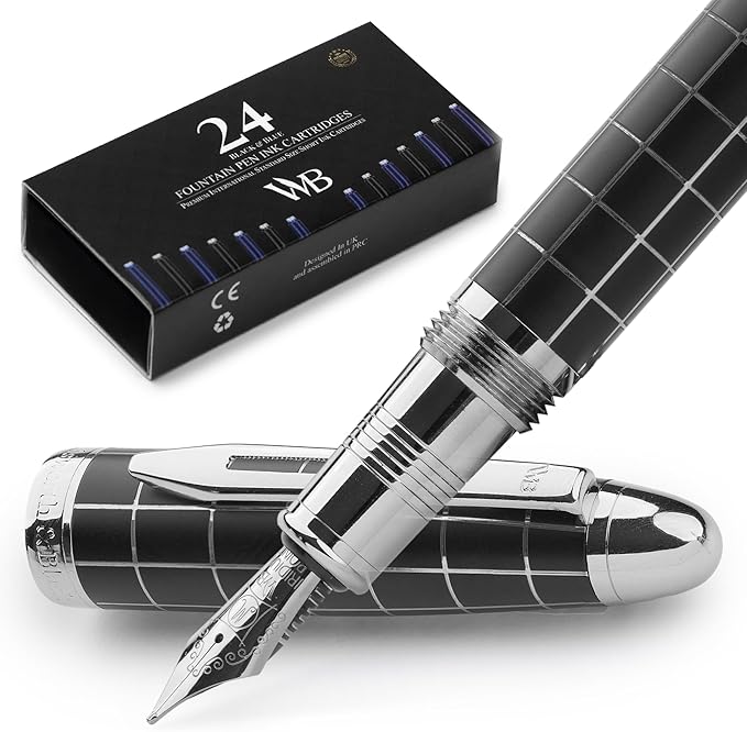 Wordsworth & Black Majesti Fountain Pen - (Checked), Luxury Case, Chrome Finish, Iridium Medium Nib - 24 Ink Cartridges, Refillable Ink Converter-Calligraphy Pen-Best Business Gift Set for Men & Women