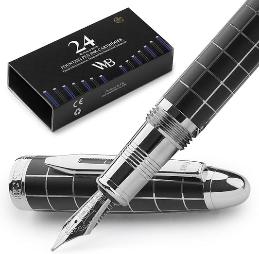 Wordsworth & Black Majesti Fountain Pen - (Checked), Luxury Case, Chrome Finish, Iridium Medium Nib - 24 Ink Cartridges, Refillable Ink Converter-Calligraphy Pen-Best Business Gift Set for Men & Women
