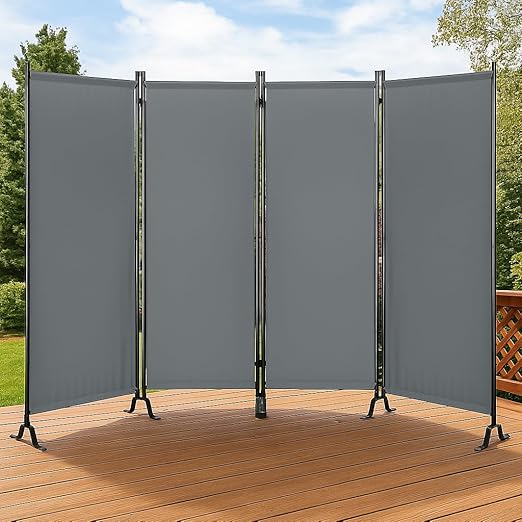 Proman Products - Galaxy 4 Panel Section Privacy Folding Screen Divider, Water Repellent Fabric Room Divider with Black Powder Coated Metal Frame for Indoors or Outdoors (Gray)
