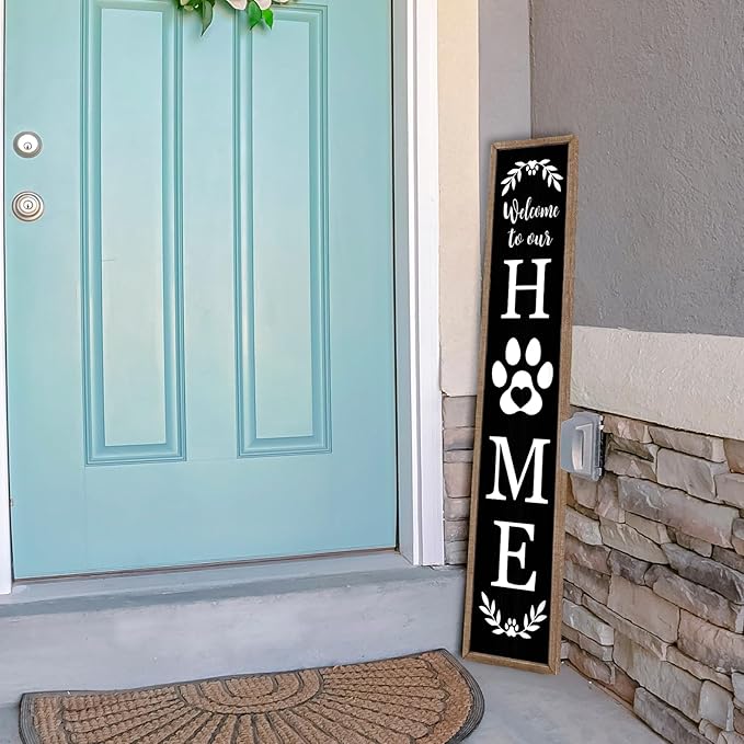 LuZhiQiang Front Porch for Welcome To Our Home Standing Sign 45"X9" Vertical Tall Long Leaner Paw Print Outdoor Front Door Wood Framed Decor (Wood Black)