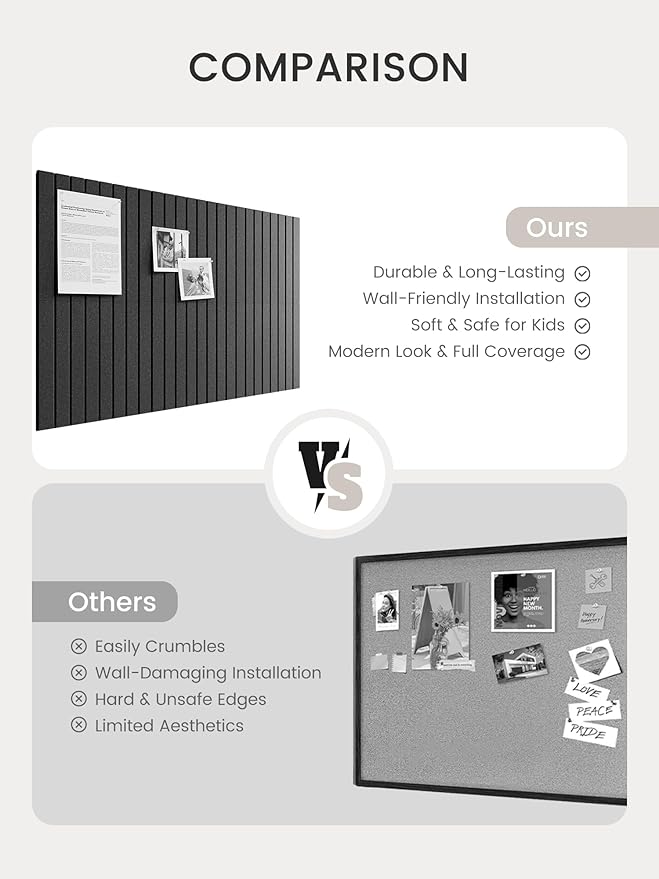 Bumusty Large Cork Board Alternative-36 x24 Felt Bulletin Board Tiles, with 30 Pushpins, 40 Adhesive Tabs, 6-Pack Slat Wall Paneling, Cork Boards for Office Push Pin Board Felt Board-Charcoal Gray