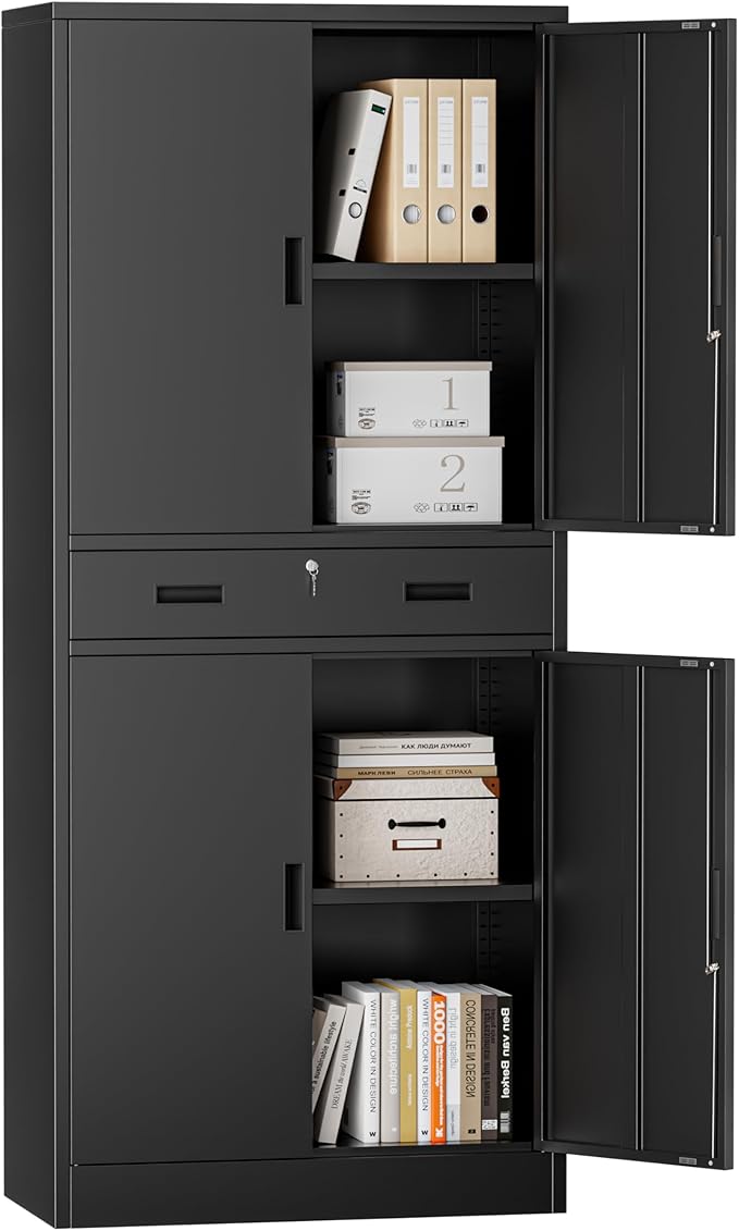 TaskStorz Metal Storage Cabinets with 1Drawer, 71" Storage Cabinet with 4 Locking Doors and 2 Adjustable Shelves, Steel Storage File Cabinet for Pantry Home, Kitchen, Office, Garage (Black)