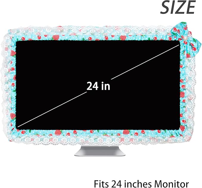 Kingshion 24-inch Cute Lace Fabric Monitor Cover with Elastic Pen Pocket & Bow-knot Design, Dust Protector for Computer/TV/LCD Screens - Blue