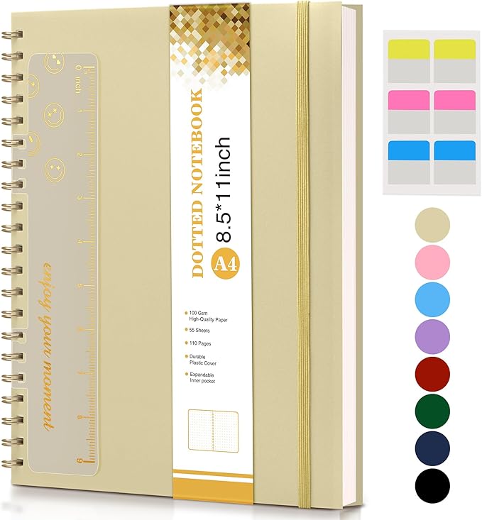 Dotted Notebook, Spiral Notebook Journal 8.5” x 11”, A4 Large Dot Grid Notebooks for Women Men, 100 GSM Dotted Paper, Plastic Hardcover Spiral Bullet Journals for Work School Sketching, Yellow