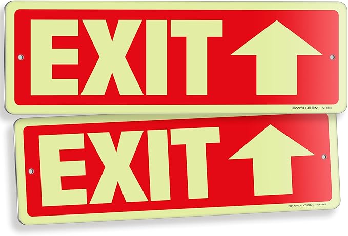 iSYFIX Exit Signs with Directional Up Arrow, Glow in the Dark, Photoluminescent Aluminum 12x4 Inch - 2 Pack, Laminated for UV & Weather Resistance, Ideal for Offices, Schools, Theaters & More