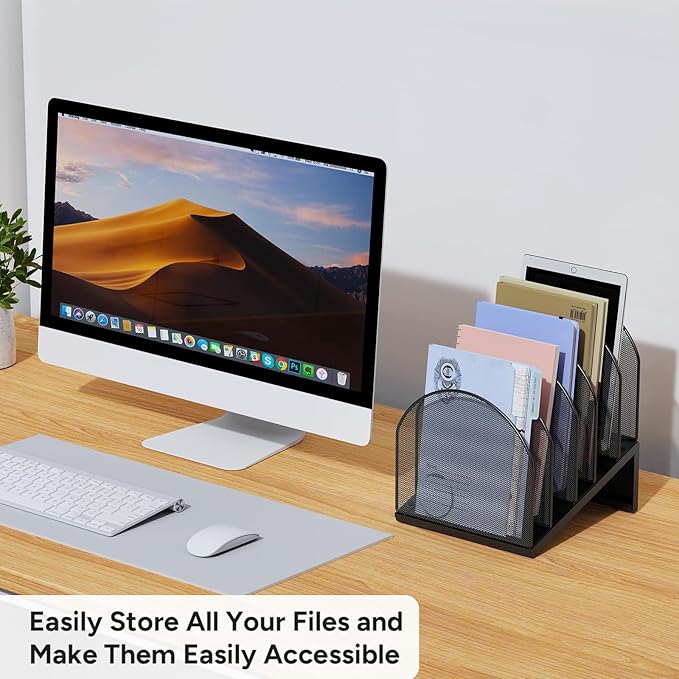 OUTIOE 5-Section Desk File Organizer, Metal Mesh Folder Organizer for Documents, Mail & Office Papers (Black)