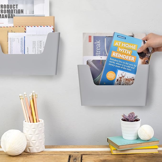 YOHOM No Drilling File Holder Wall Mails Magazines Organizer Adhesive Door Mount, Single Pocket, (White 1) (GREY, 2 PCS)