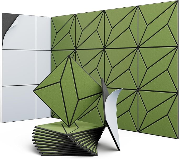 UNECHO 12 Pack 12" X 12" X 0.47" Acoustic Panels for Wall Sound Absorbing, Dual-Color P-Stripes Square Self-Adhesive Sound Panels, High Density Suitable for Multiple Scenarios(Black+DarkGreen)