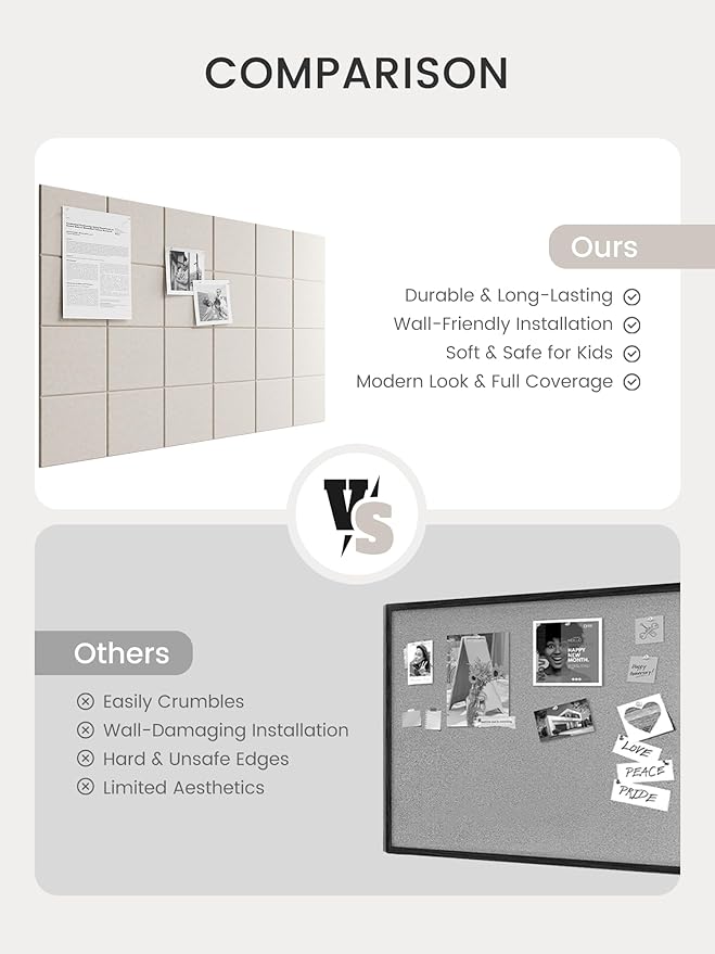 Bumusty Large Cork Board Alternative-36 x24 Felt Bulletin Board Tiles, with 30 Pushpins, 40 Adhesive Tabs, 6-Pack Slat Wall Paneling, Cork Boards for Office Push Pin Board Felt Board-Oatmeal
