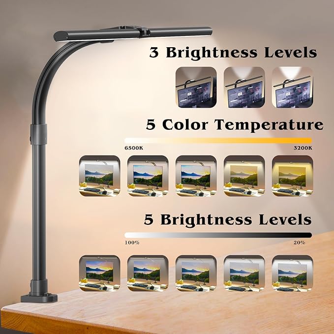 AKRRYR Led Desk Lamp for Home Office,24W Bright Eye-Caring Desk Light with Clamp,5 brightness and 5 temperatures Dimmable Workbench Task Light, Adjustable Gooseneck Table Lamp for Monitor Study(black)