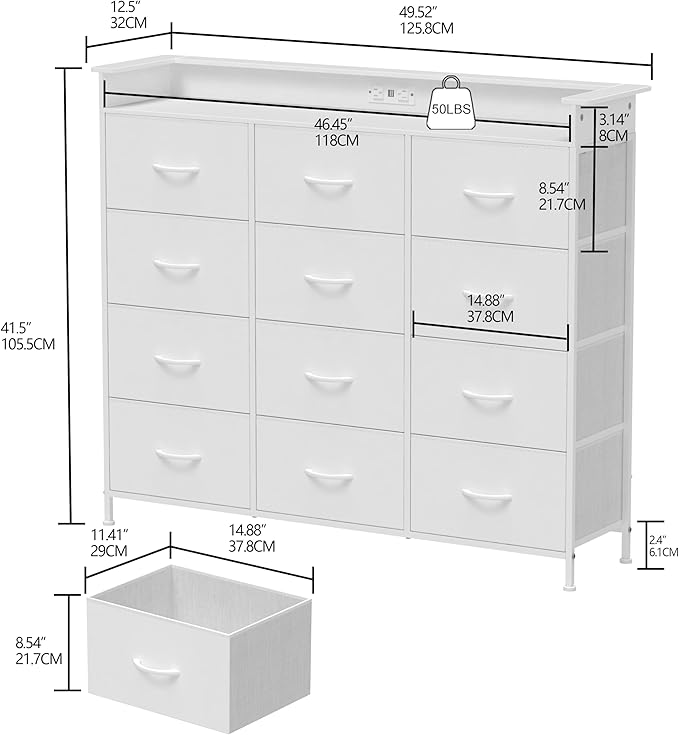 Welfuturer White Dresser with LED Lights and Charging Station for Bedroom 12 Drawers Dressers & Chest of Drawers Tall Dressers for Hallway Entryway Closets Living ROM Sturdy Steel Frame Wood Top