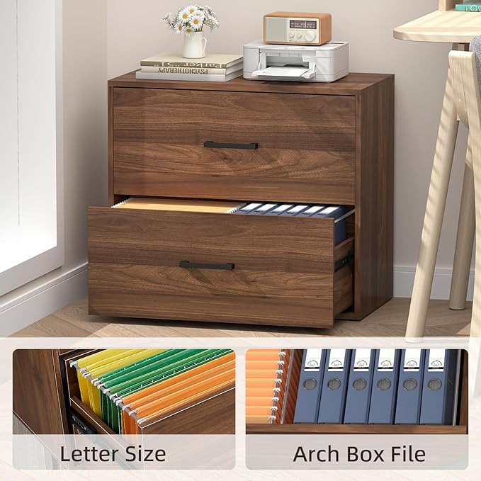 FATIGOS 2 Drawer File Cabinet, Wood Lateral Filing Cabinets, Wide Office File Cabinet with Drawer for Hanging Files/Letter Size Printer Stand for Home Office School, Assembly Required, Walnut