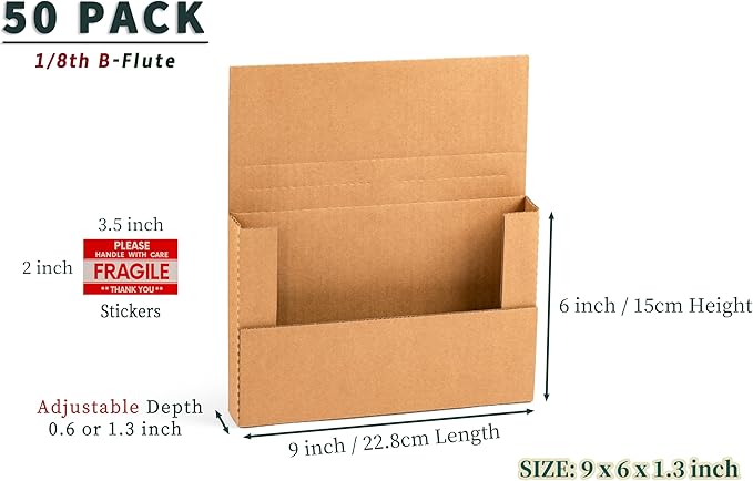 YUSHYIJIE 50 Pack 9x6x1.3 inch Small Shipping Boxes, Multi-Depth Flat Cardboard Boxes with Fragile Stickers for DVD Shipping, Packing, Moving, Storage, Brown