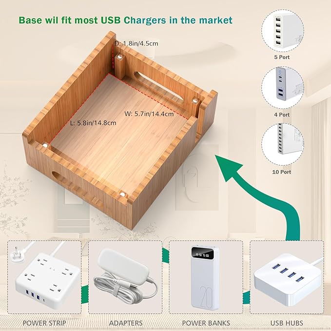 Pezin & Hulin Cell Phone Charging Stations, Bamboo Dock Organizer for Multi Devices, Tablets, Smart Watch, with Pack 5 Cables, No Power Charger Supply