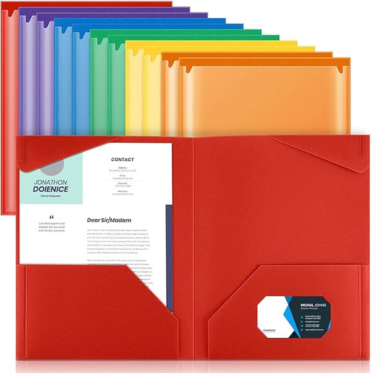 Henoyso 12 Pcs Plastic Folders with Clear Front Pockets Heavy Duty File Folders with 2 Pockets and Card Slot for Student Communication School Office Presentation Report (Colorful)