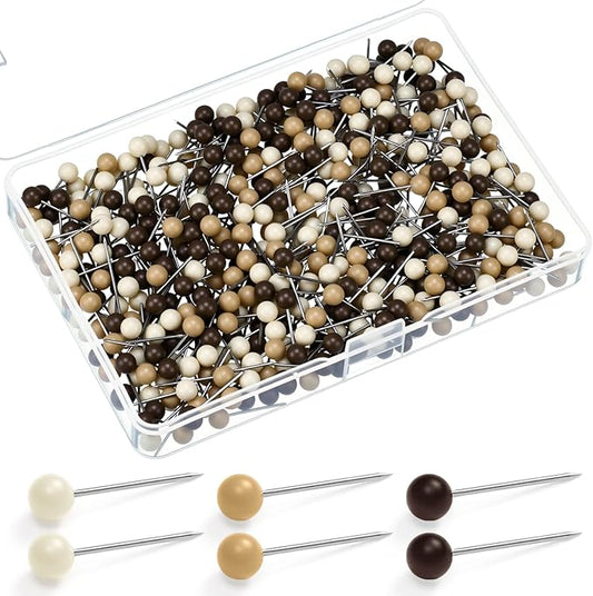 WILLBOND 500 Pack Map Push Pins Map Tacks Small Round Head Push Pins Thumb Tacks for Travel Picture Photo Bulletin Board Wall DIY Craft School Office Home(Beige, Khaki, Brown,1/6 Inch)