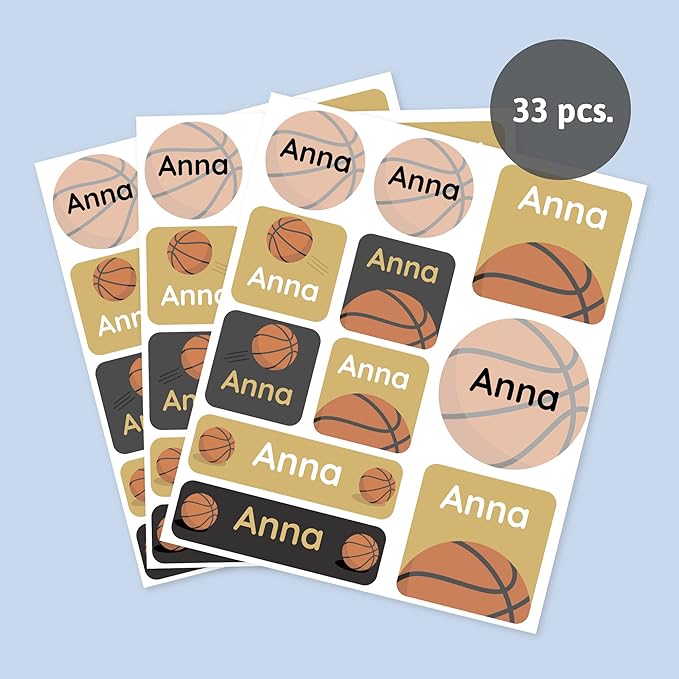 Large Name Labels for Kids (33) - Custom Stickers for Daycare and School Supplies - Durable, Waterproof Stickers for Water Bottles, Lunch Boxes, and More with Unique Designs - Basketball