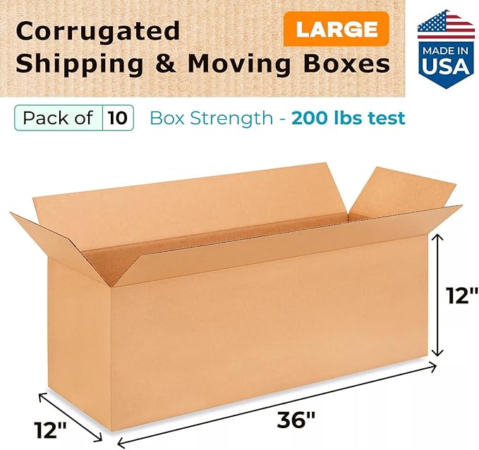 Exrta Large Shipping & Moving Boxes 36x12x12" (10-Pack) - Extra Strength 200 lb vs Regular - Corrugated Shipping Boxes for USPS/UPS - Strong Cardboard Box - Large Moving Box by IDL Packaging