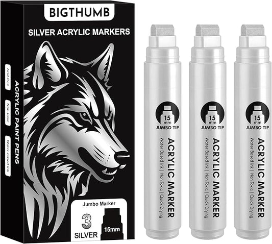 BIGTHUMB 3 Pcs Silver Jumbo Permanent Markers: 15mm Wide Tip Thick Acrylic Paint Pen Large Calligraphy Marker for Rock Painting, Poster, Sign, Canvas, Glass, Wood, Ceramic