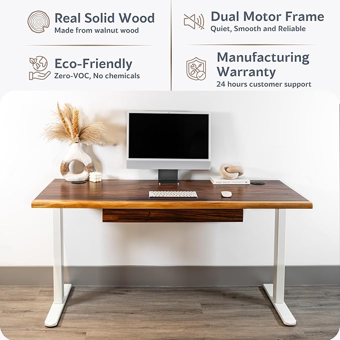 Standing Desk with Drawer – Walnut Solid Wood Desk, Natural Live Edge, Adjustable Height Dual Motor, Sit Stand for Home Office (White, W60 x D27)