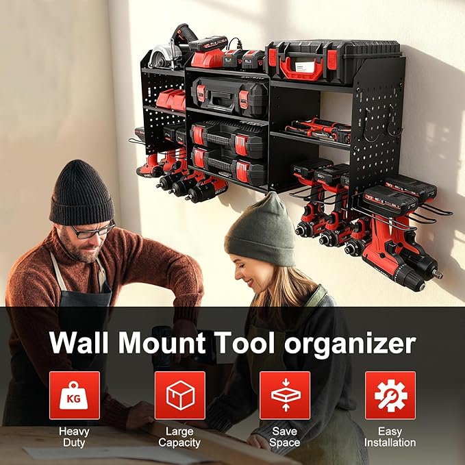 Large Power Tool Organizer Wall Mount with Charging Station, Heavy Duty Cordless Drill Holder, Garage Tool Storage Battery Rack with 8 Outlet, Gift for Men Husband Dad Birthday Anniversary Black