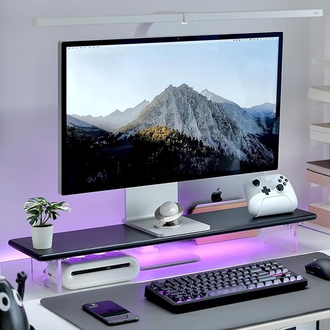 ROCDEER Bamboo Monitor Stand Riser with RGB Lights,31.5 Inches Desktop Shelf with Acrylic Legs Supports for Desk, PC Computer Monitor, Laptops, Printer, Speakers (Black)
