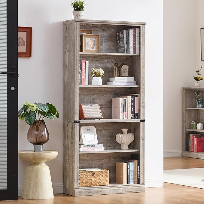 RWYHG 70" Grey Tall Bookshelf Set of 3,5-Tier Thick Wooden Book Shelf with Adjustable Shelves,Free Standing Farmhouse Bookcase with Open Display Storage,Floor Vintage Bookshelves for Living Room