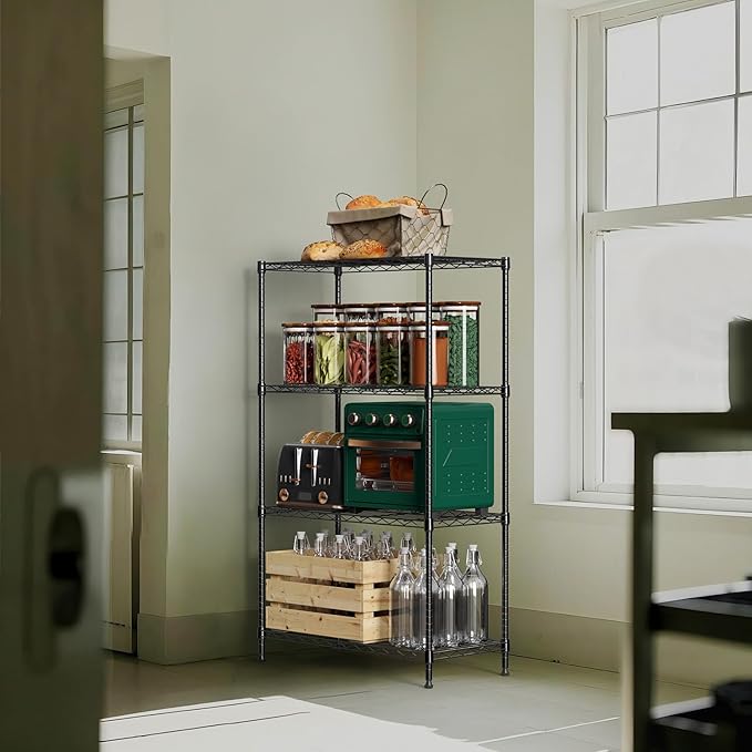 M MZG 1000 lbs 4Tier Shelf Metal Storage Shelves Wire Rack Closet Organizers with Wheel for Garage Kitchen Bathroom Laundry Black 13.7" D x 29.5" W x 47.2" H