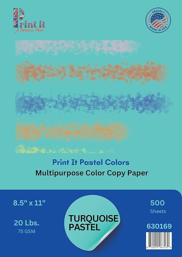 Printit Colors Multipurpose Paper, 20 lbs., 8.5" x 11", Turquoise, 500 Sheets/Ream – Premium Colored Copy Paper for Printing, School, and Office Use