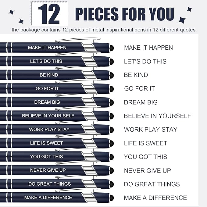 Zonon 12 Pcs Inspirational Pens Bulk Funny Ballpoint Pen with Stylus Tip Motivational Gifts for Valentine's Day Teacher Coworkers Nurse School Office Supplies(Navy,Motivational Style)