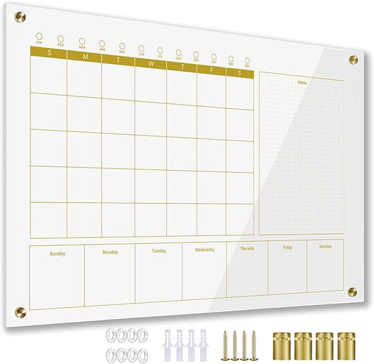 Glass 3-1 Golden Monthly Dry Erase Calendar Whiteboard for Wall,24"x 36",Frameless Mounting,Office/School/Home, Frameless Large Planner White Board