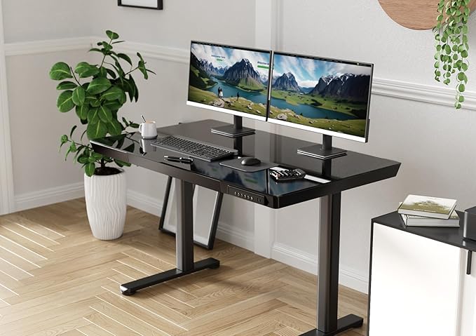 Claiks Glass Standing Desk with Drawers, 55 Inch Adjustable Stand Up Desk, Quick Install Home Office Computer Desk with USB Ports, Black
