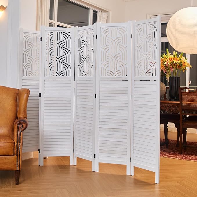Svimi Folding Room Divider, 66.9 Inch 6 Panels Wood Carved Privacy Screens, Free Assembled Freestanding Portable Separation Wall for Home Office Restaurant Bedroom (White)