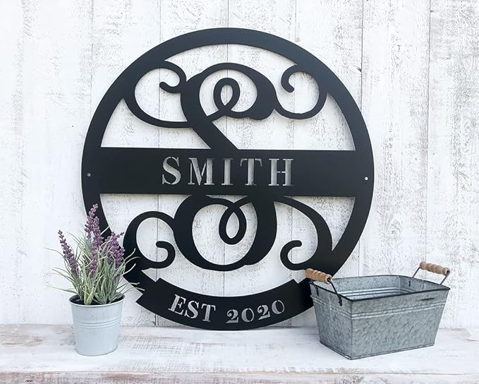 RealSteel Family Name Monogram, Personalized Family Name Metal Sign, Est Year Established Date Custom Split Letter, Perfect for Fireplace Mantels, Living Rooms, Foyers, Front Porches, Driveway Gates