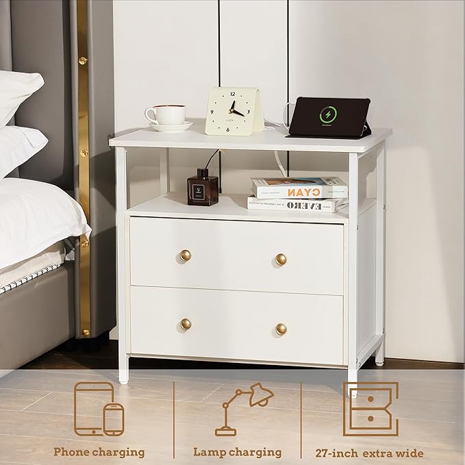 Edbuosy 27 inch Wide Night Stand Set 2 with Charging Station, Bedside Table with Open Shelf, 2 Drawers Small Wood Dresser, Modern Wood Nightstand for Bedroom/Living Room (White)
