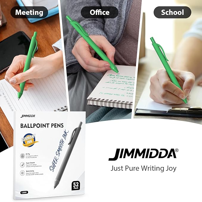 JIMMIDDA 52 Pcs Pens Bulk - 1.0MM Ballpoint Pens Green Ink | Medium Point Smooth Writing, No Bleed Retractable Ball Point Pen for Office School (Dark Green - 52Pcs)