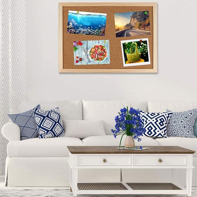 Cork Board Bulletin Board - 15.7 X 12 Inches Vision Board Wood Frame Corkboard Message Board Wall Mounted Pin Board for School, Home & Office (with Pins, Eye Bolts, Gaskets, Screws)