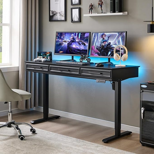 wow97e Electric Standing Desk with 3 Storage Drawers, 55x22 Inch Adjustable Height Office Computer Desk w/One-Piece Desktop & Power Outlets,Sit to Stand Up,Gaming Table for Home and Study, Black