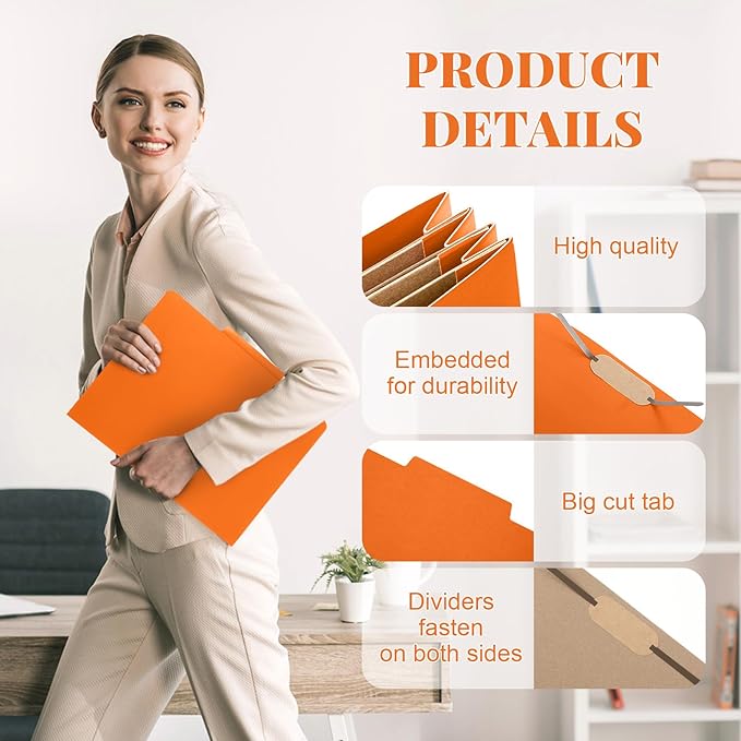 12 Pcs Classification Folders Letter Size 3 Pocket Dividers Employee File Folder with 2 Prongs Fasteners, 2 in Expansion Heavy Duty Pressboard File Holder for School Office Medical Document(Orange)