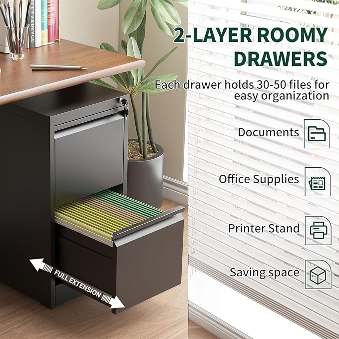 Yukimo 2 Drawer File Cabinet with Lock, Vertical File Cabinet with Lock, Locking File Cabinet Hanging Files for A4/ Legal/Letter, Require Assembly, White