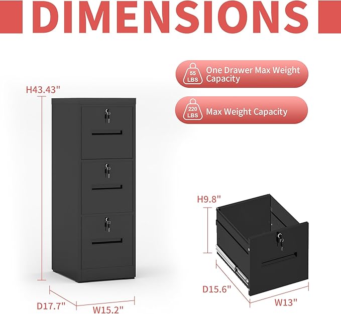 OPTYMIRA 3 Drawer Metal File Cabinet with 3 Unique Locks Heavy Duty Locking File Cabinets Home Office Steel Filing Cabinet Vertical File Cabinets for Legal/Letter Size File,Assembly Required