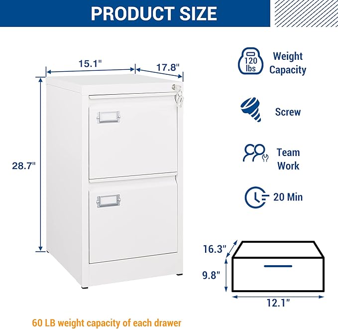 Fesbos 2 Drawers Vertical File Cabinets - 17.8" Deep Lockable Filing Cabinet - Metal Storage Cabinets for Home Office to Hanging Files Letter/Legal/F4/A4 Size