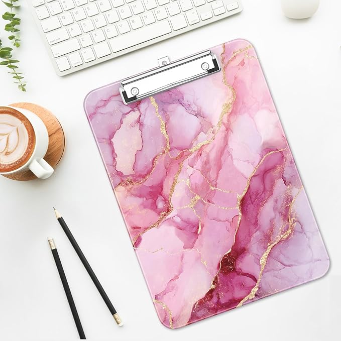 Luminzo Plastic Cute Clipboard Low-Profile Metal Clip, A4 Letter Size 9 x 12.5 in, 8.5 x 11 Paper Clip Board for Teachers, Nurses, Classroom,Pink Marble