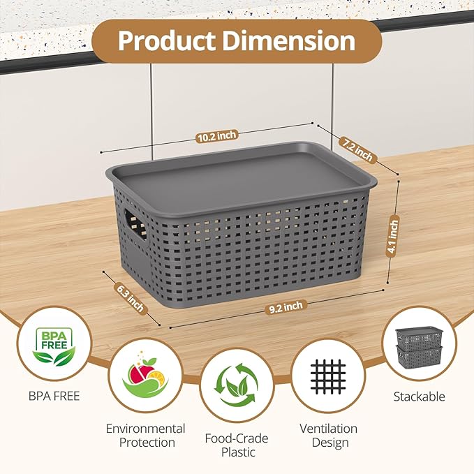 ZFTMRR Plastic Storage Basket with Lids, Stackable Small Box Bins for Organizing and Containers for Shelves Drawers Desktop Closet Playroom Pantry Classroom Office Home, 8 Pack 10.2x7.2x4.1 Inch, Gray