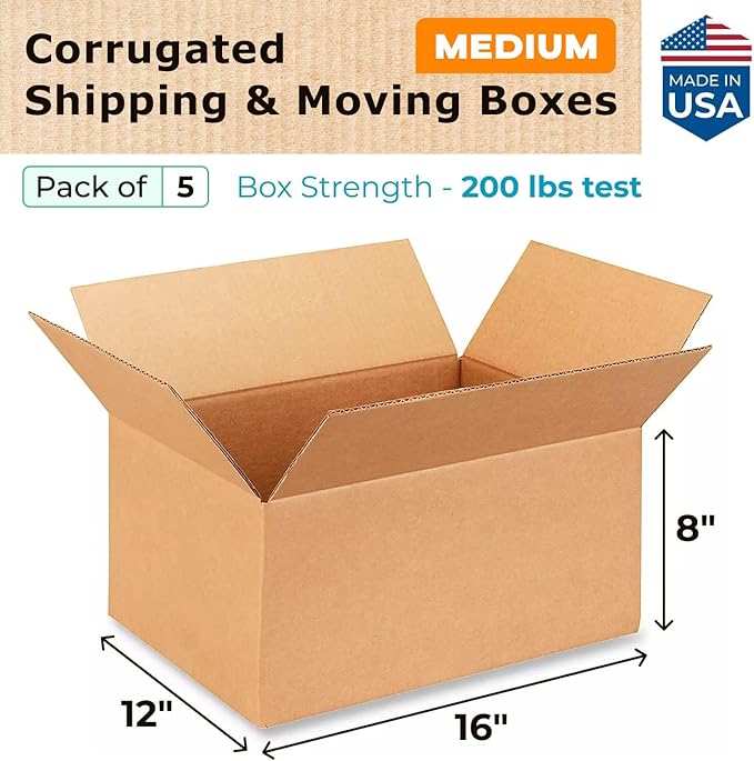 Medium Shipping & Moving Boxes 16 x 12 x 8 inches (5-Pack) - Extra Strength 200 lb vs Regular - Corrugated Packing Boxes for Moving - Cardboard Box for USPS, FedEx - Packing Box by IDL Packaging