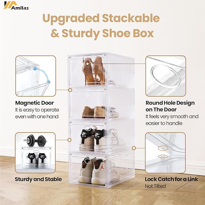Amllas 12 Pack Clear Shoe Boxes Stackable,Shoe Storage Boxes for Closet,Sturdy Shoe Box Storage Containers with Clear Door,Sneaker Storage,Easy to Assemble,Fit up to US Size 12(13.8”x 9.84”x 7.1”)