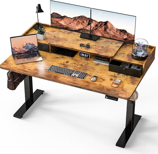 Kingant 55 x 30 Inch Electric Standing Desk with Dual Drawers, Adjustable Height Computer Desk for Home Office, Large Workstation Sit Stand Up Desk with Built-in Storage Shelf, Rustic Brown